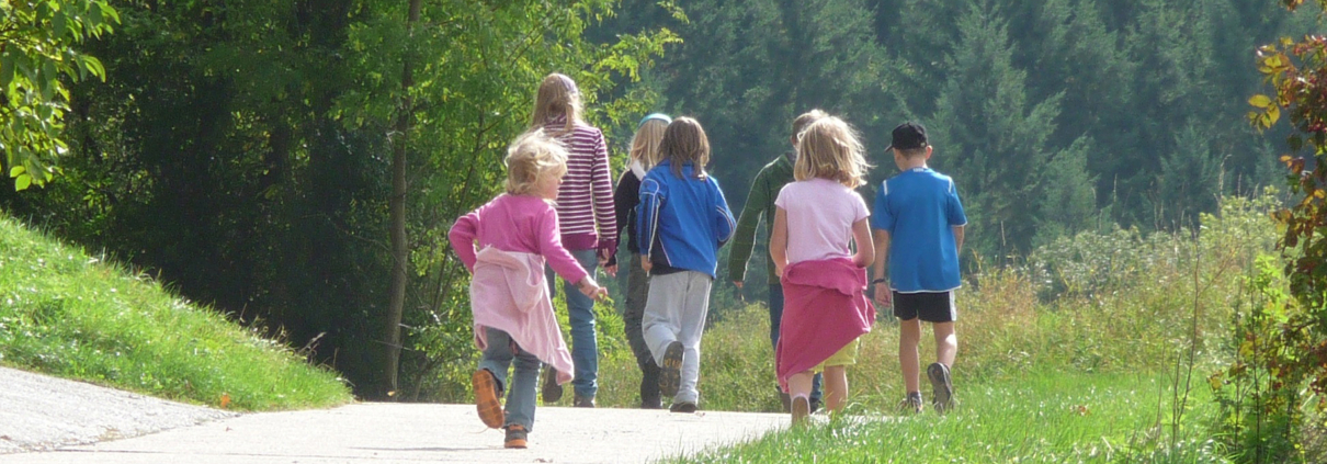 Kinder, die auf einer Forststraße laufen