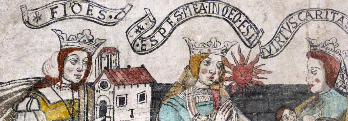 Ein Fresko mit den Kardinaltugenden Fides, Spes und Caritas