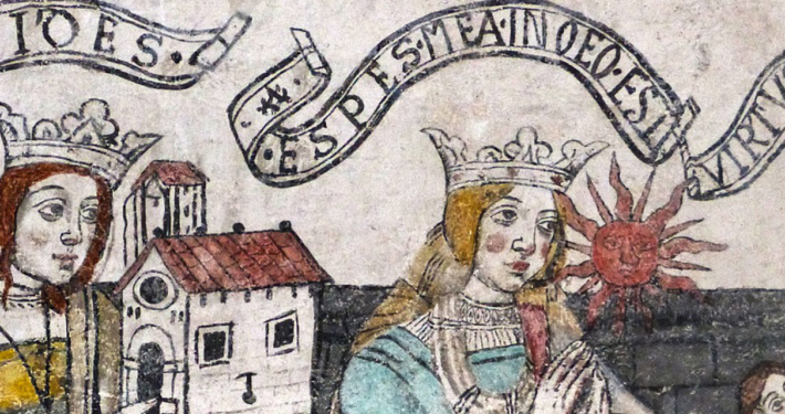 Ein Fresko mit den Kardinaltugenden Fides, Spes und Caritas