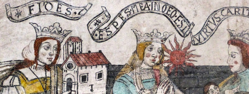 Ein Fresko mit den Kardinaltugenden Fides, Spes und Caritas