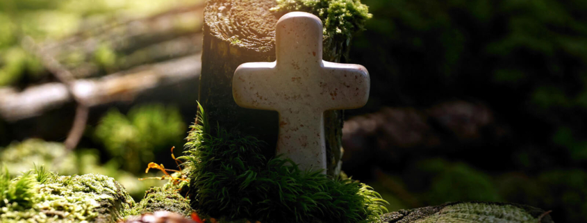 Kreuz Baumstumpf Ein kleines Kreuz vor einem Baumstumpf