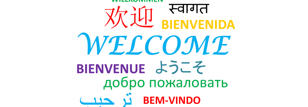 Eine Wortwolke mit "Willkommen" in 10 Sprachen