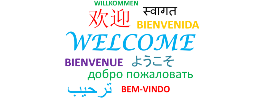 Eine Wortwolke mit "Willkommen" in 10 Sprachen