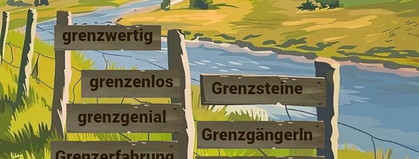 Eine Zeichnung eines Flusstals mit Wegweisern