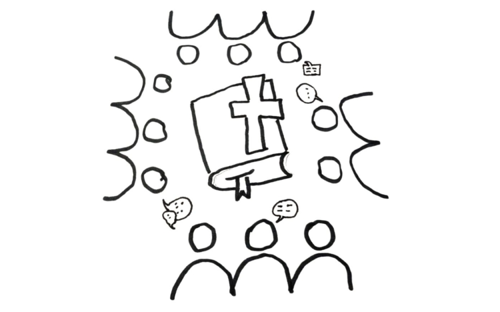 Eine stilisierte Zeichnung von Menschen rund um eine Bibel